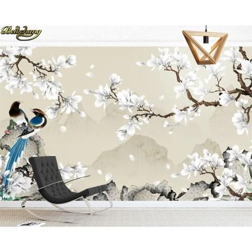 Beibehang Custom 3d wallpaper mural new chinese style white magnolia bird hand painted brushwork flower and bird background wall