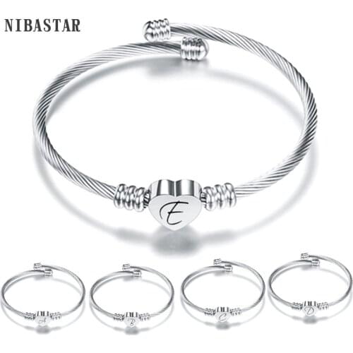 NIBASTAR Heart Cable Initial Bracelet for Women Girls 26 Letters A to Z Alphabet Bracelets bangles