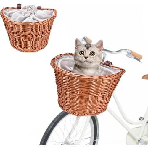 New Bicycle Basket Wicker Woven Bike Front Handlebar Pet Dog Cat Basket Small Container For Pet Carrier Shopping Drawstring Bag