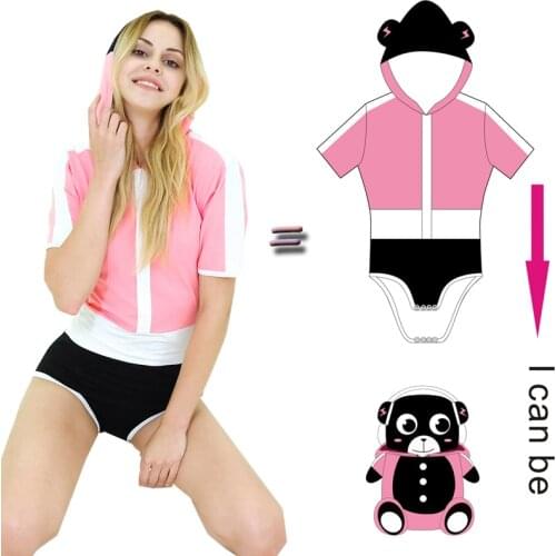 New ABDL Pink Bear Hooded Onesie Adult Baby Onesie Embroidered Simple Portable Pajamas DDLG Large Onesie Blue Big Eyed Monster