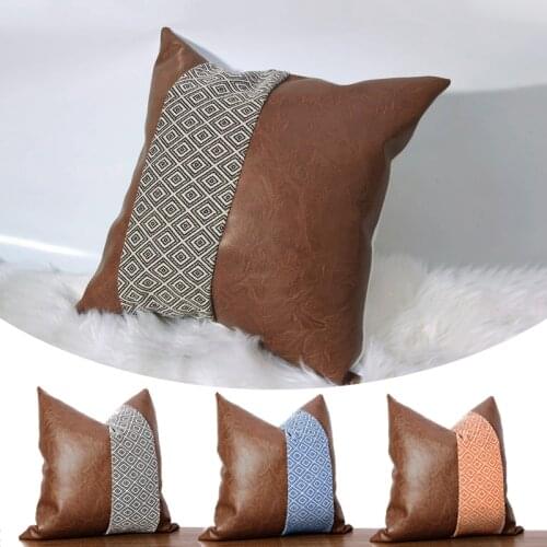 New Product PU Leather Patchwork American Sofa Cushion Pillowcase Hotel Model Room Home Decoration Diamond Lattice Pillow Cover