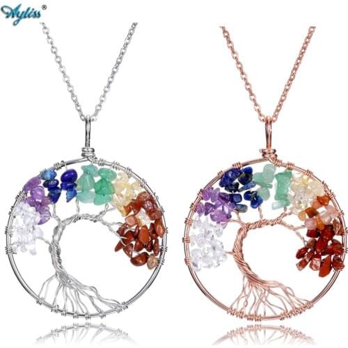 Ayliss Handmade Tree of Life Necklaces Chakra Chip Stones Beads Pendants Wire Wrap Pendant Necklace Jewelry Mothers Day Gift