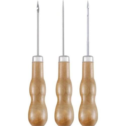 3PCS/SET Wooden Handle Sewing Awl Hand Stitcher Leathe Punch Tool DIY Shoe Repair Hook Tool Leather accessories