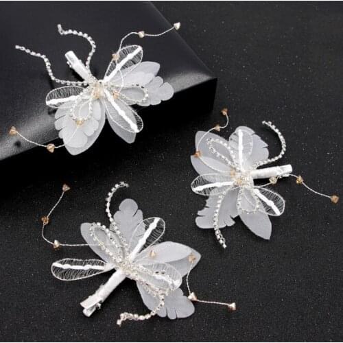 Girls Bridal Crystal White Yarn Flower Hair Clip Floral Style Barrette Bride Hair Jewelry Bridesmaid Wedding Hair Accessories