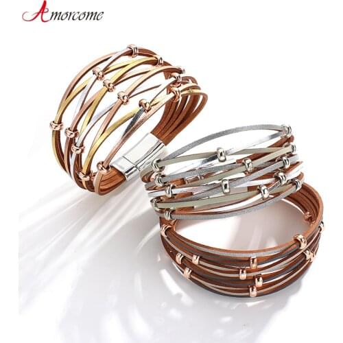 Amorcome Fashion Contrast Color Metal Beads Cross Leather Bracelets for Women Vintage Multilayer Wrap Bracelet Bangles Jewelry