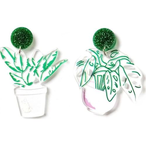 ZiccoWong New Creative Design Green Plant Shape Drop Dangle Earring For Women Acrylic Transparent Sweet Pot Plant Big Earring