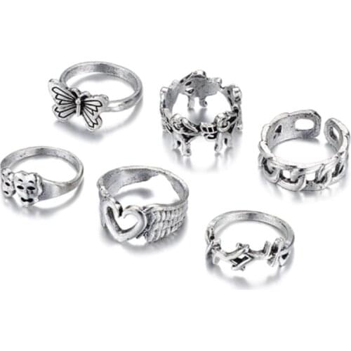 Vintage Silver Plated Angel Wings Ring For Womens Gothic Punk Steampunk Heart Butterfly Skull Ring Sets Party Jewelry 2021