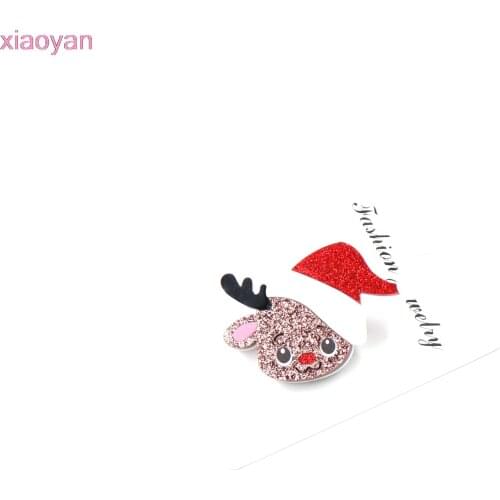 1pieces) Chirstmas Brooch (Safety Pin) Reindeer With Santa Cap Brooch Glitter Acrylic Brooch
