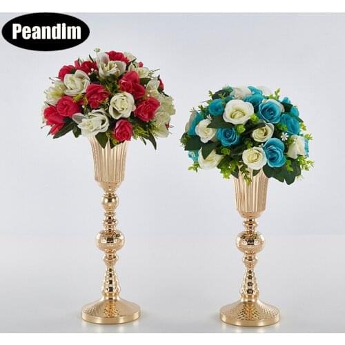 PEANDIM 10pcs/lot Gold Flower Vase Party Road Lead Flower Pot Wedding Flower Column Stand Table Centerpieces For Home Decoration