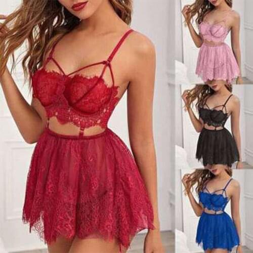New Fashion Lady Sexy Nightwear Lingerie Outfits Lace Flower Bra+Mesh Short Skirt+Thong 3pcs Sets Hot Porn Sleepwear