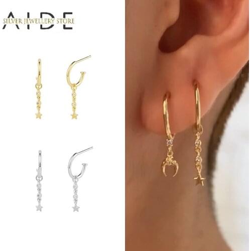 AIDE Luxurious Star Chain Hoop Earrings for Women Fashion C Shape Pierced 925 Sterling Silver Earings Fine Jewelry pendientes