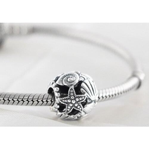 Authentic S925 Bead Starfish Shell Openwork Charm fit Lady Bracelet Bangle Girl Birthday Gift DIY Jewelry