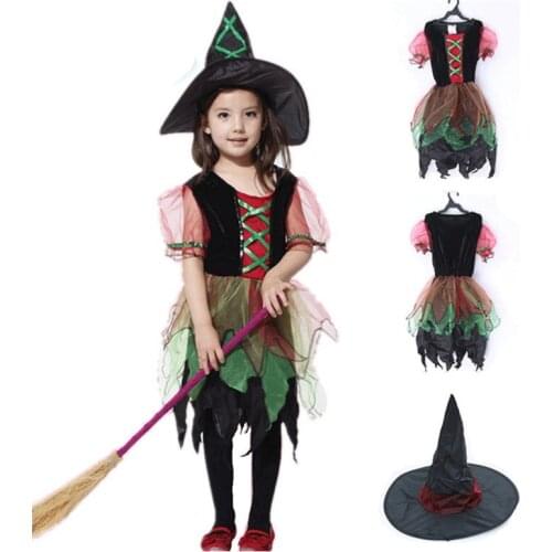 Baby Kids Children Witch Cosplay Costumes Purim Halloween Cosplay Costumes for Girl Dresses+hat