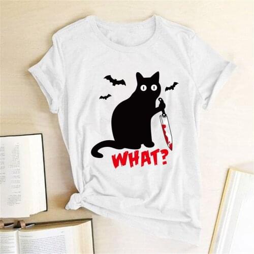 Black Cat What Tshirt Murderous Cat Knife Women Funny T Shirt Short Sleeve Halloween Tops Tees Femme Camisetas Verano Mujer 2020