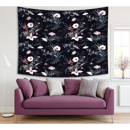 Tapestry Tropical Flowers Leaves Pattern Dark Exotic Forest Floral Artwork Printed Navy Blue