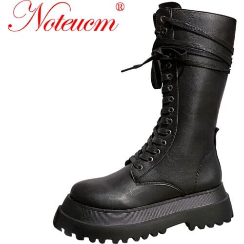 Fashion Black Brand Designer Mid Calf PU Leather Military Combat Chunky Boots Platform Shoes Martin for Women 2021 Stiefel With