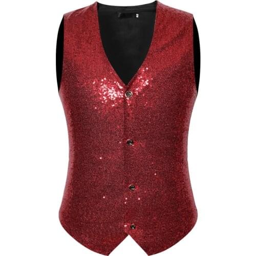 Mens Red Paillette Waistcoat Vest 2021 Fashion Red Sequin Wedding Groom Suit Vest Gilet Men Nightclub DJ Bar Singers Costume