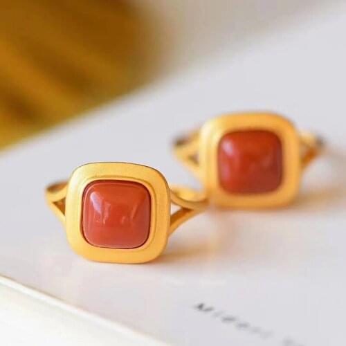 New original design enamel porcelain geometric square opening ring Chinese style retro court elegant silver jewelry