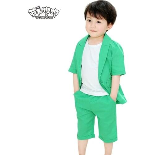 2018 New Fashion Boys Formal Suits Summer 2pcs Short Sleeve Blazer+Shorts Children Kids Wedding Birthday Dress Clothing Sets N28