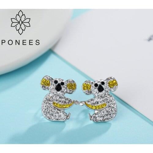 PONEES New Fashion Colorful Animal Jewelry Cute Koala Bear Stud Earrings For Women With Crystals