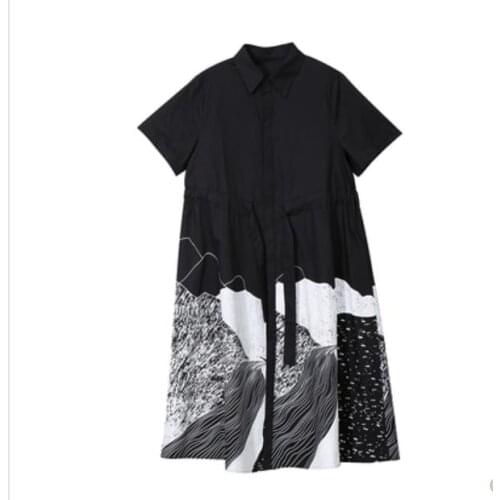 Simple retro short-sleeved student skirt new summer 2019 cinched waist long slim shirt dress