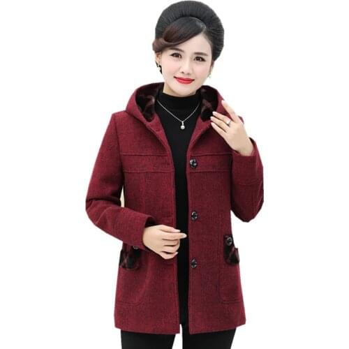 Middle-aged and Elderly Womens Wool Coat Autumn And Winter Blended Woolen Coats Mid-length Single-breasted Hooded Outwear K809
