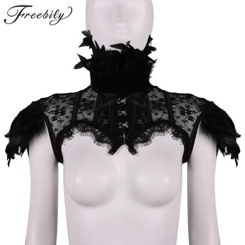 Steampunk Sexy Feather Collar and Shoulder Lace Cape Bolero Jacket Shrug Women Tops Scarves Shawl Halloween Goth Rave Costumes