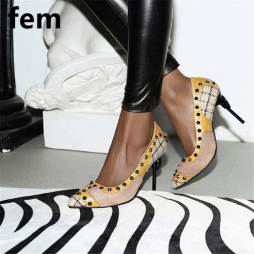Women Pumps Rivet Shallow Women Work Heels Pointed Toe Patch-Work Mixed Color Size 46 Shoes Women Thin Heels Pointed Toe Comfor