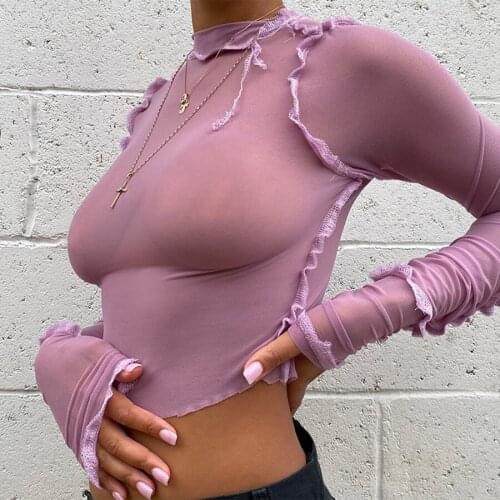 Y2k Chic Sexy See Through Mesh Tops Womans Club Wear Fashionable Patchwork Ruffles T-Shirt Autumn Turtleneck Neon Crop Tops New