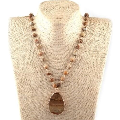 Free Shipping Fashion Semi Precious Stones Rosary Chain Stone Drop Pendant Necklaces Women Ethnic Necklace
