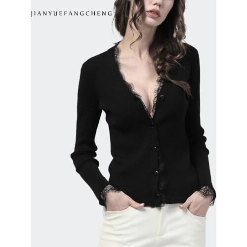 New 2019 Spring Sexy Black V-neck Knitting Womens Blouses And Tops Lace Sweater Opening Button Slim Long Sleeve Streetwear Cloth