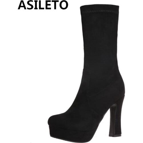 ASILETO 2021 New Sexy Platform Over Knee High Bootie Stretchy Lace Up Suede 10cm High Heel Autumn Winter Big Size 33-43 S2430
