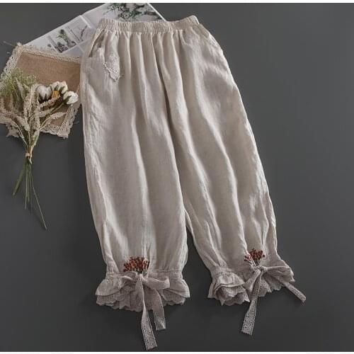 Japan Style Mori Girl Elastic Waist Lace Casual Pants Literature Embroidered Cotton and linen Women Bloomers
