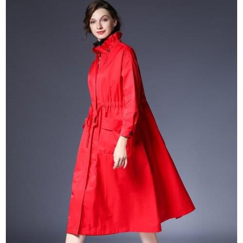 Plus Size Red Trench Women Long Casual Streetwear Female Loose Waisted Coat 2021 New Lotus Collar Ladies Windbreaker Outerwear