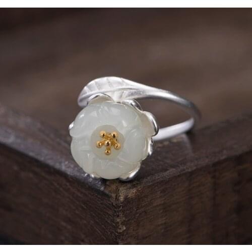 VLA 925 Sterling Silver Creative Aesthetic Nephrite Lotus Ring Womens Fashion Simple Flower Ring Adjustable
