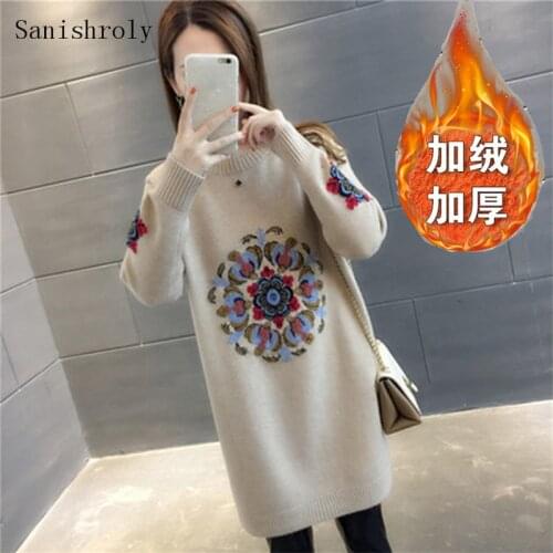 Sanishroly Winter Women Sweater Dress Warm Thicken Velvet Knitted Dresses Female Long Sleeve Knee-Length Dress Vestidos SE1122