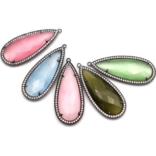 10pcs Tear Drop Blue Pink Cats Eye Stone Pendants Charms CZ Paved Teardrops for DIY Women Pendant Earrings Jewelry Making