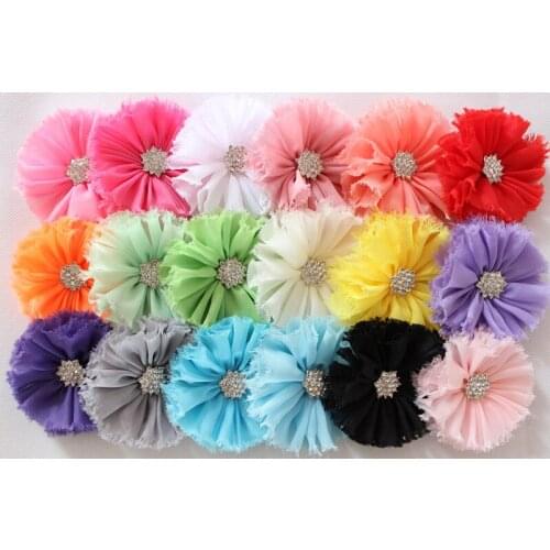 Kids hair flower vintage chiffon shabby look flower with CZ diamond Rhinestone center flower 100pcs