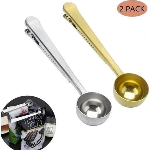 2Pack Coffee Scoop Clip Tablespoon Double Measure Scoop Stainless Steel Coffee Scooper Spoon Sealing Bag Clip for Instant Drinks