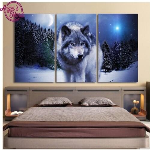 3pcs Triptych full square diamond painting cross stitch Snow Wolf Moon 5d diamond embroidery mosaic Wedding decoration