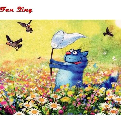 3D Diamond Painting Cartoon Blue Cat Bird Cross Stitch Mosaic Full Square Round Rhinestone 5D Embroidery Home Decoration