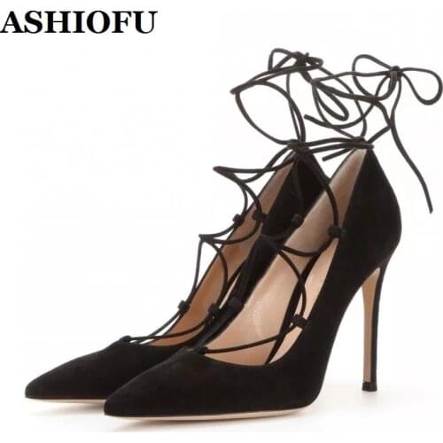 ASHIOFU Handmade Womens High Heels Pumps Faux-suede Crisscross Straps Shoelace Party Prom Shoes Evening Club Fashion Pump-shoes