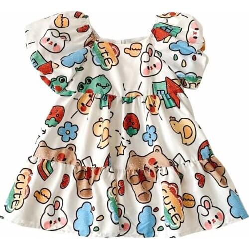 2021 Children Colorful Print Puff Sleeve Party Dress Lovely Clothes Summer Cosy Ruffle Floral Dress Girls Sweet Princess Dresses