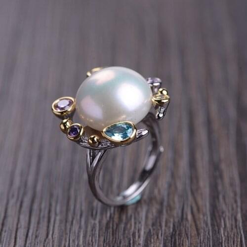 FNJ Natural Fashwater Pearl Rings 925 Silver Adjustable Size Popular S925 Solid Silver Ring for Women Jewelry Fine Zircon
