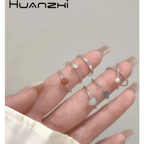 HZ 2021 New Minimalism 6 Pieces/Set Colored Stones Geometric Irregular Rhinestone Pearl Metal Ring For Women Daily Accessories