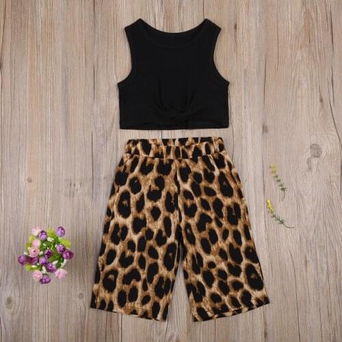 2Pcs Children Tracksuits Solid Color O-Neck Sleeveless Tank Tops + Leopard Print Short Pants Suit for Girls, 2-7 Years