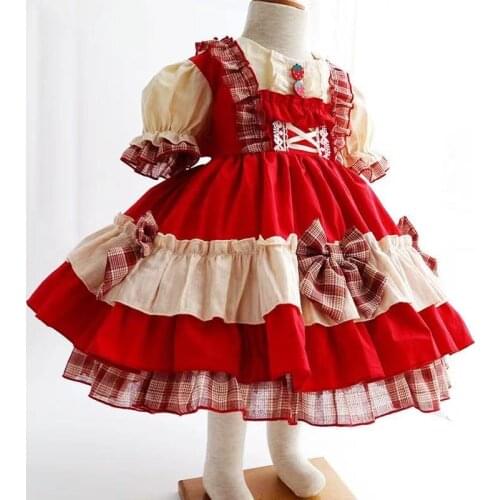 2PCS Summer Lolita intage Spanish Princess Red Shortsleeve Birthday Party Dress For Baby Girl Cute Turkey Ball Gown Dress 0-12Y