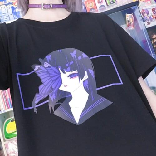 Korean Dropshipping Y2K Punk Gothic Anime Print Clothes Top Short Sleeve Harajuku Women T-Shirts Korean Style Plus Size Black
