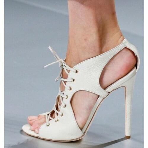 Moraima Snc Peep Toe Stiletto Heels Lace up Sandals Runway High Heel Shoes Woman White Leather Cutouts Thin Heels Party Shoes