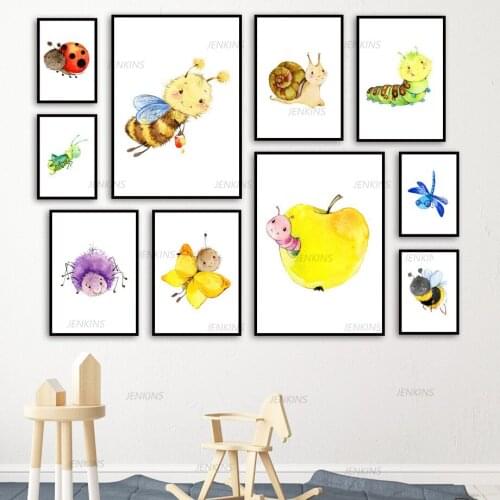 Cartoon watercolor insect wall art print canvas bee butterfly spider snail ant poster childrens room decoration wall sticker